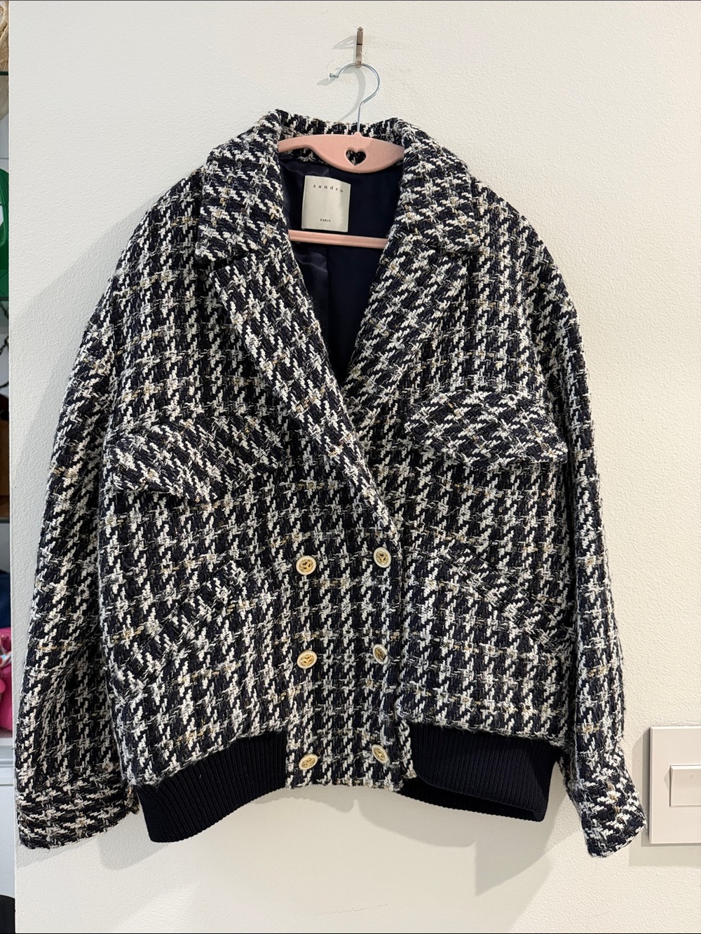 Sandro Black & White Houndstooth Bomber Jacket